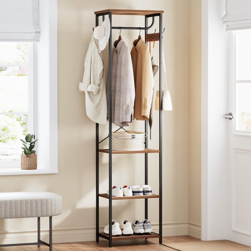 Cerlyunzan Coat Rack With Hanging Rod, Garment Rack With 3 Wooden Shelves and 4 Hooks, Freestanding Hall Tree, Industrial Clothes Rack Stand Organizer, Rustic Brown and Black