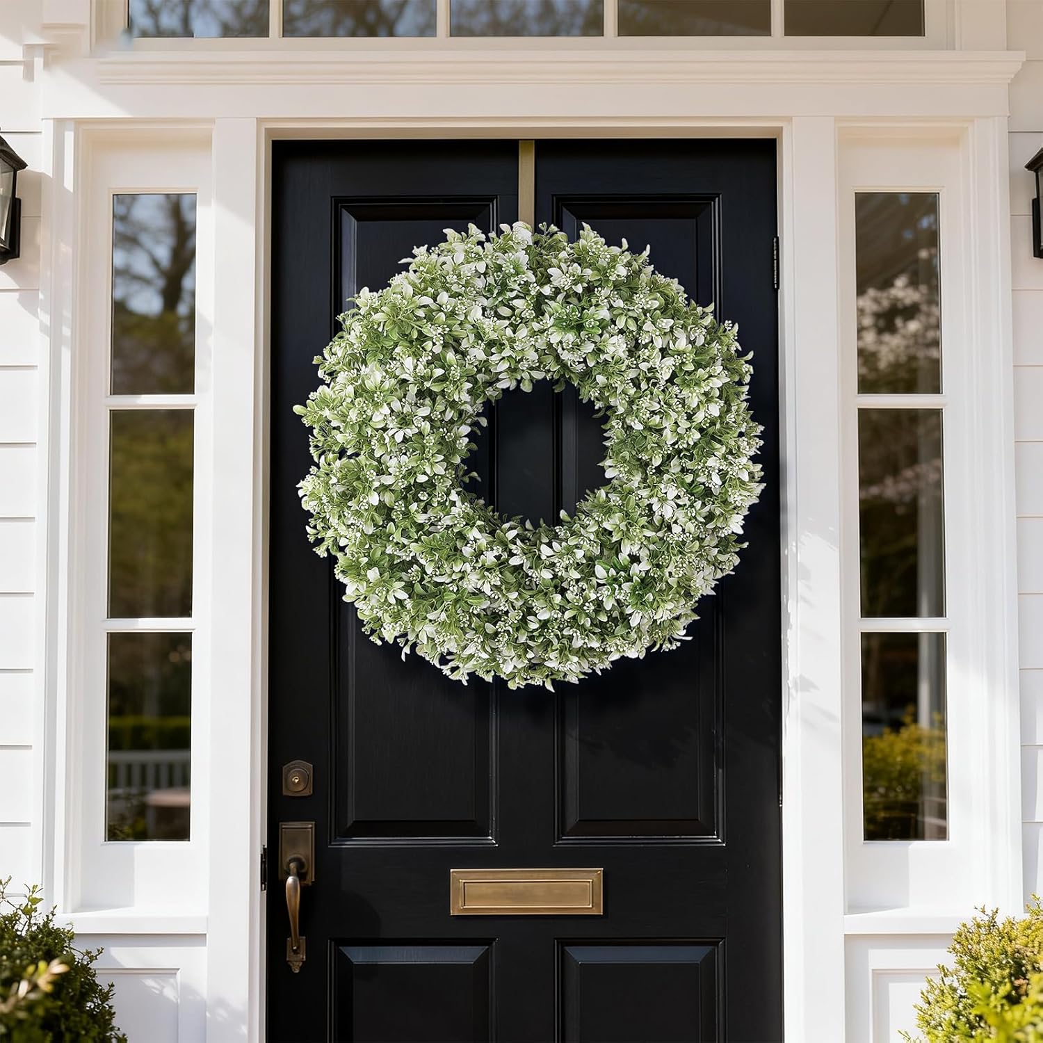 Skiennix 26" Artificial Boxwood Wreath - Large Faux Aglaia Odorata for Year-Round Outdoor Decor | White-Green
