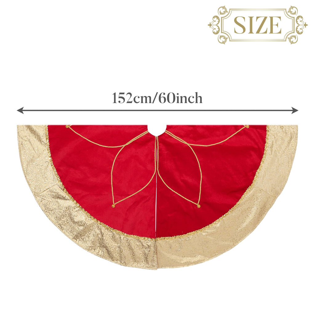 Valery Madelyn Christmas Tree Skirt for Tree Decorations, 60 Inch Fabric Luxury Red Gold Large Xmas Velvet Tree Skirt with Embroidery Flower & Golden Baroque Border Tree Merry Christmas Party Decor