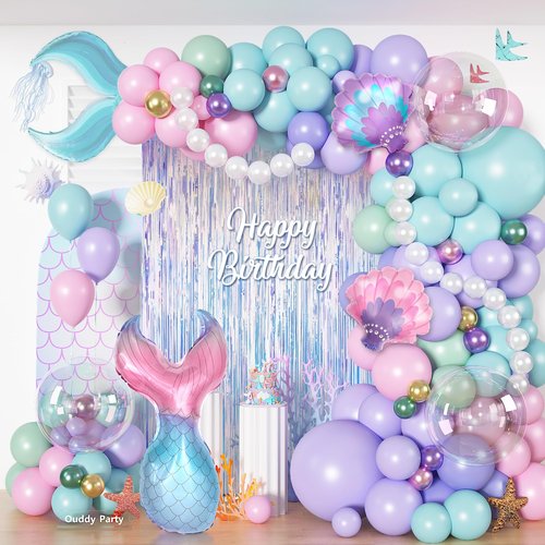 Mermaid Balloon Garland Arch Kit, 142Pcs Pastel Pink Teal Blue Purple Green Clear Balloons Mermaid Tail Seashell Foil Balloon Fringe Curtain for Birthday Baby Shower Ocean Themed Summer Party Decor