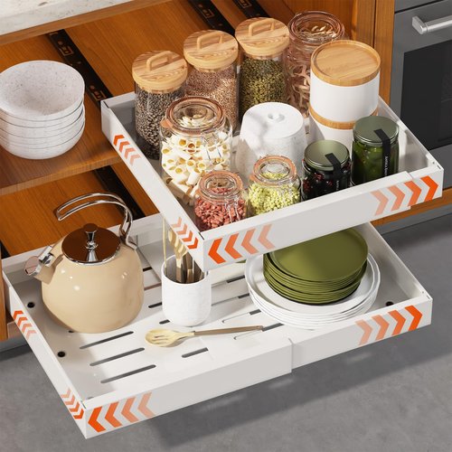 Landmok 2 Pack Expandable Pull Out Cabinet Organizer 16.5" Deep, Adjustable Width 12.6"-20.5", No Drill Adhesive with Triple Track Rails, Heavy Duty Slide Out Drawers for Kitchen,Pantry,Cabinets,White