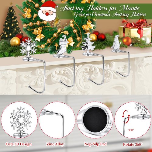Christmas Stocking Holders for Mantel Set of 4, Non-Slip Adjustable Mantle Stocking Holders, Snowflake Snowman Reindeer Pine Tree Fireplace Stocking Hangers Set for Party Christmas Decorations