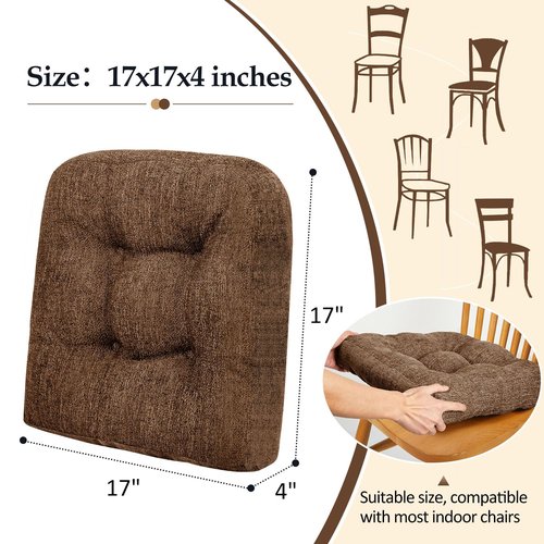 downluxe Chair Cushions for Dining Chairs 4 Pack, Tufted Indoor Chair Pads with Non-Slip Bottom, U-Shaped Kitchen Chair Cushions, 17"x17"x4", Brown