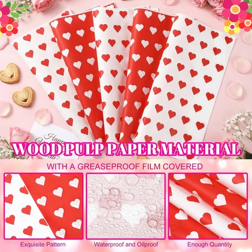 FoldTier 100 Pcs Valentine's Day Wax Paper Sheets for Food Wrapping 12x12 Inch Deli Paper Sheets Greaseproof Parchment Papers Food Basket Liners for Sandwich Burgers Fries (Classic, Red, White)