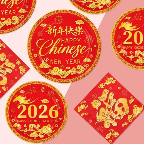 Greencian 200Pcs Chinese New Year Decorations Lunar New Year Paper Plates and Napkins Spring Festival DisposableTableware for 2026 Happy Chinese Spring Festival Decorations Serves 50