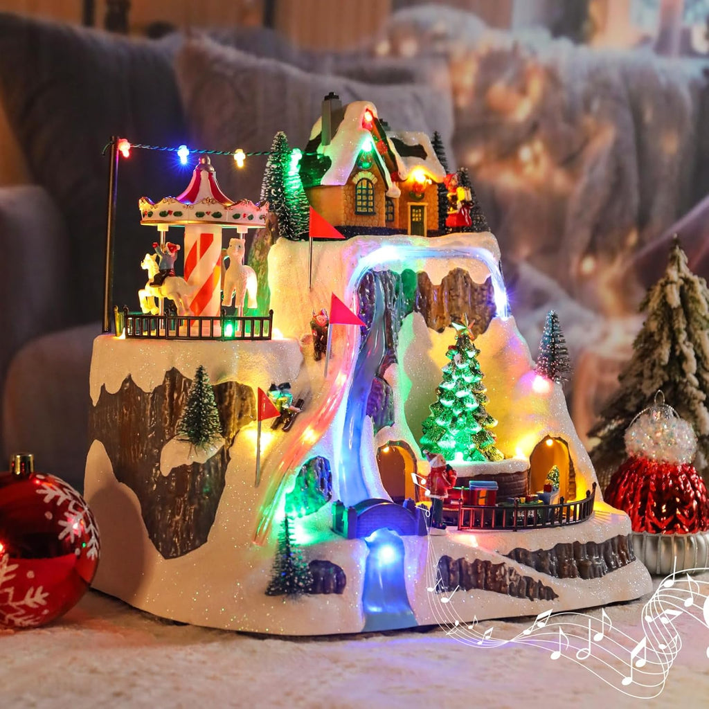 Wonder Garden Christmas Village Houses - Lighted Musical Ski Resort with Moving Train & Carousel | Holiday Decor