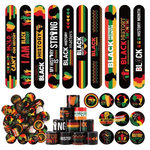 Ouvibor 60 Pcs Black History Month Gift Set Black History Slap Bracelets with Button Pins Blac Historys Slap Bracelets Badges Blac Historys Months Favors for Teen Adult