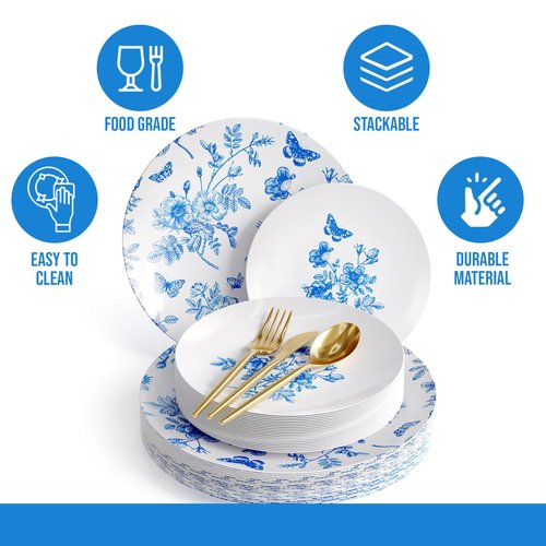Trendables Fancy Plastic Dinnerware Sets 100 Pc Set 20 Guests Gold Silverware Disposable 20 X 10 Inch Charger Plates 20 X 8 Inch Dessert Plates 20 x Gold Plastic Forks and Spoons Knives In Botanical
