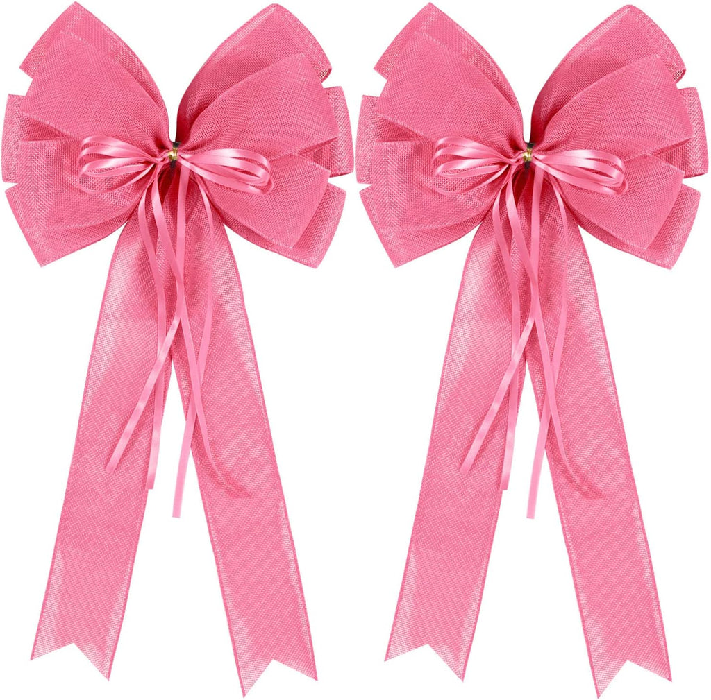 Skiennix Large Pink Easter Wreath Bows - Spring Tree Topper Decor with Burlap & Glitter | 2 Pcs