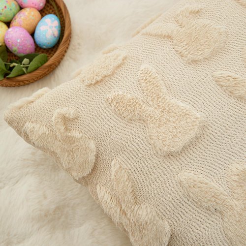 LOMCHEN Easter Throw Pillow Covers 18x18 inch Set of 2 for Easter Decorations Beige Bunny Rabbit Soft Plush Faux Fur Wool Pillow Covers for Sofa Living Room Couch Bed