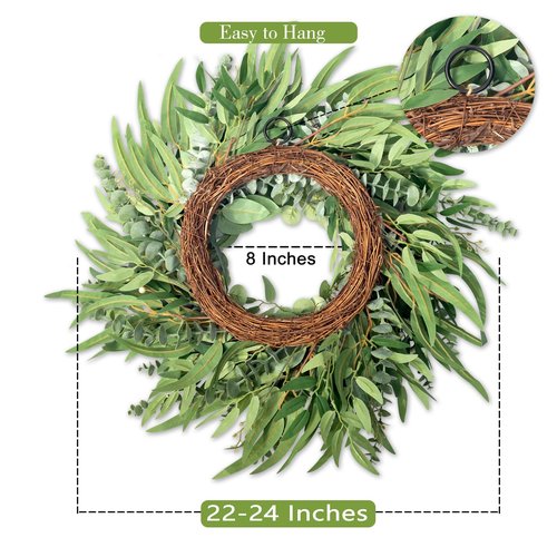 22 Inch Eucalyptus Wreaths for Front Door Year Round, Large Green Artificial Farmhouse Wreath for Home Decorations Outdoo Indoor Wall Window Porch