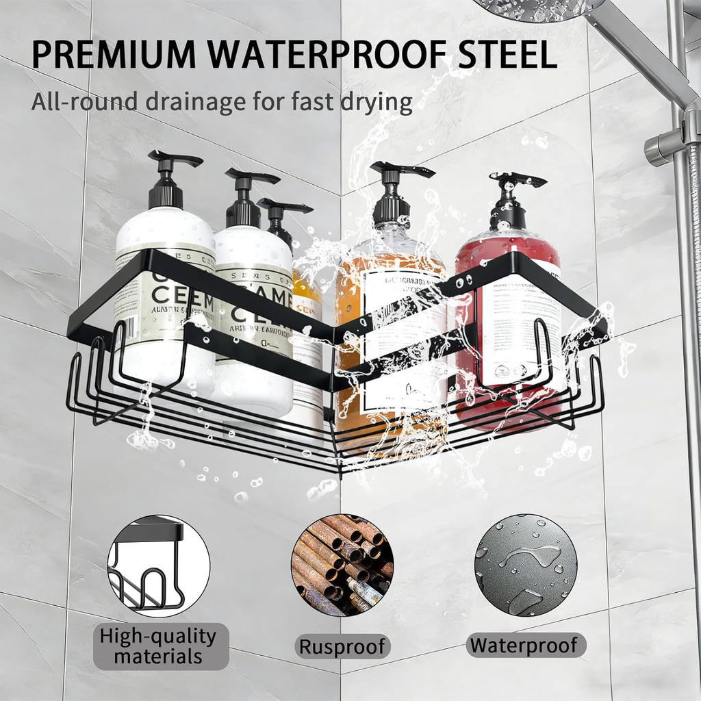 Skiennix Corner Shower Caddy - 3 Pack Rustproof Stainless Steel Organizers | No-Drill Bathroom Storage, Black