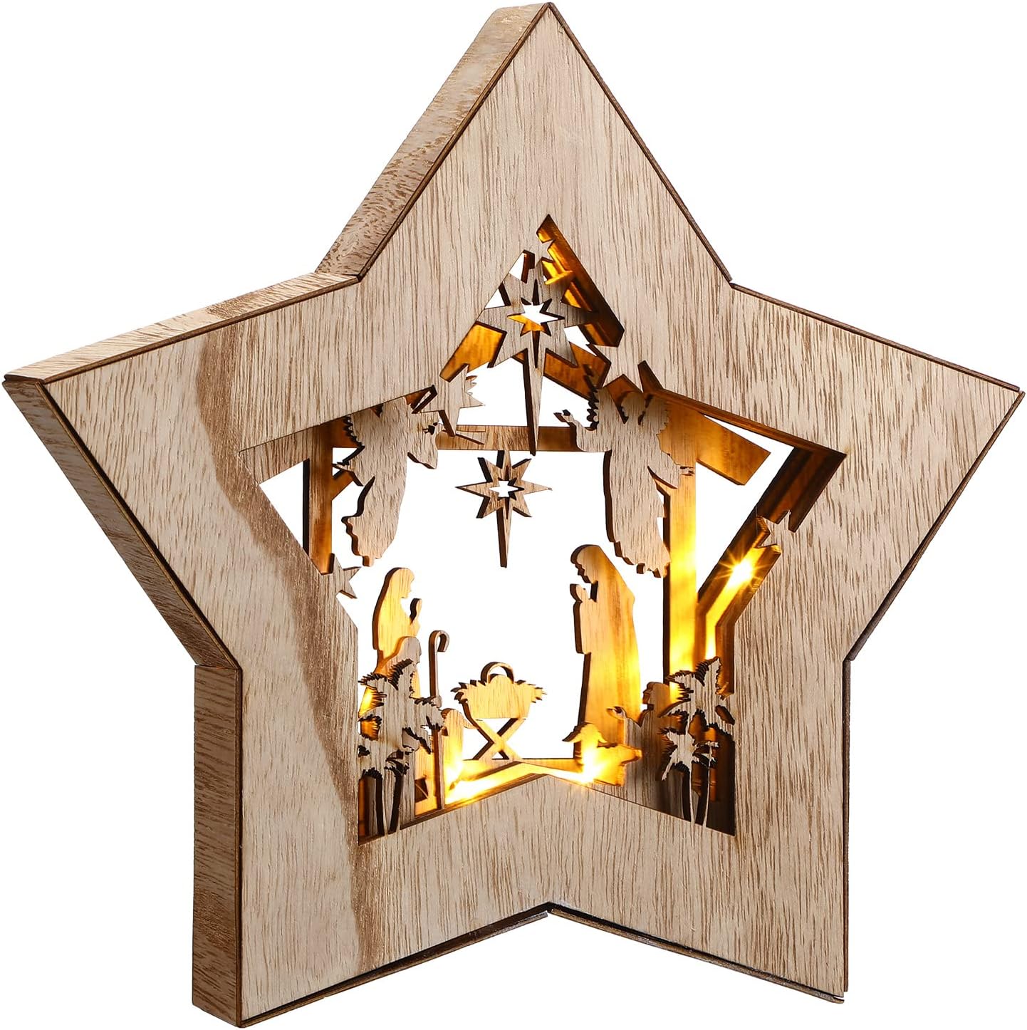 Regine Switzerland Wooden Nativity Scene Set - Rustic Christmas Tabletop Decoration with LED Light