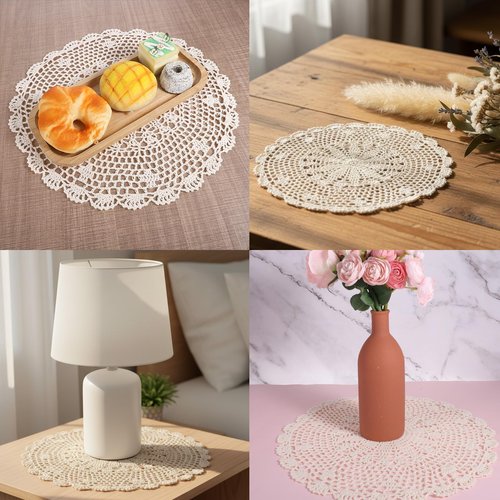 Crochet Doilies, 15.7 Inch Large Cotton Doilies for Tables Round Handmade Lace Placemats Vintage Knitted Tablecloth for Home Kitchen Dining Room Wedding Party Decoration (Beige)