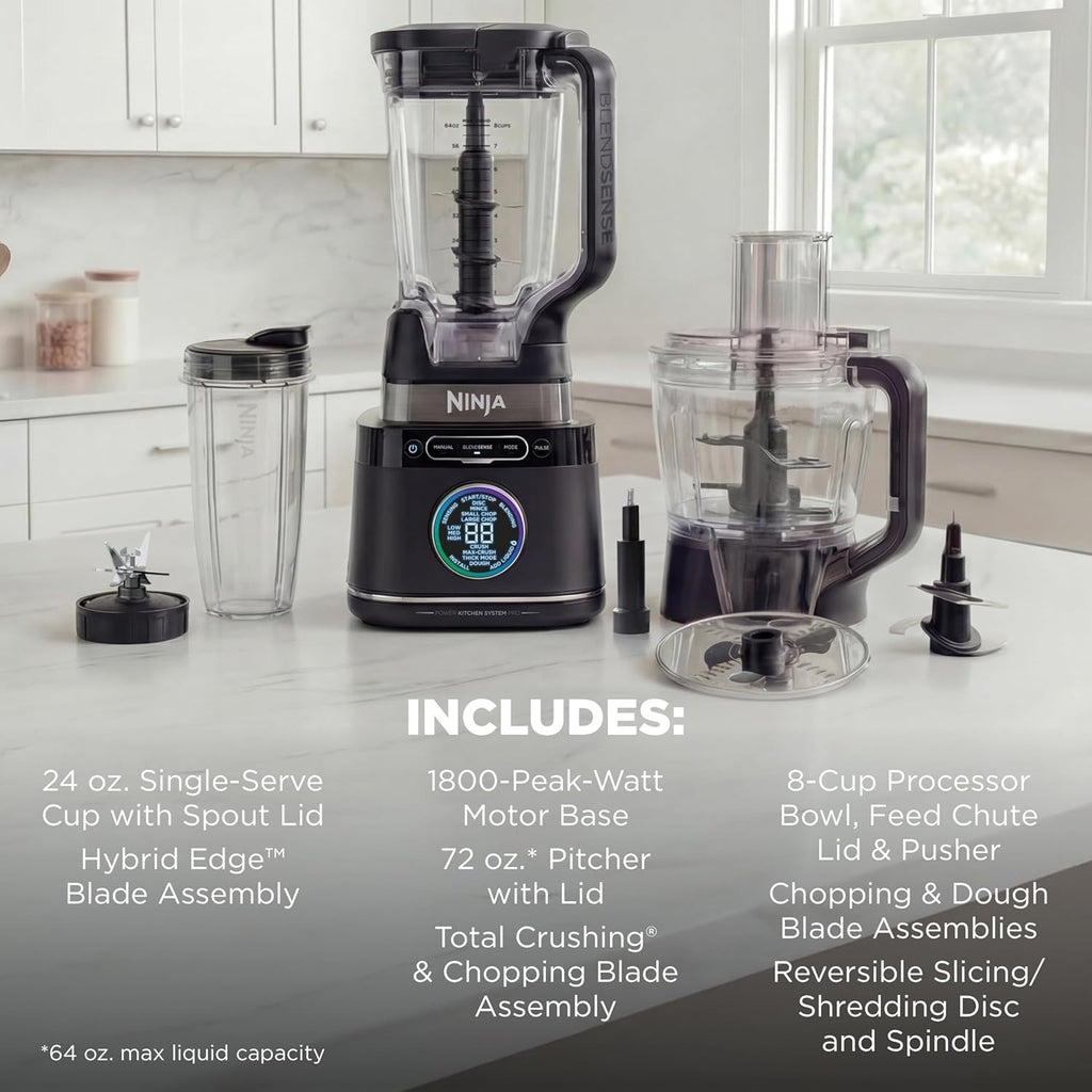Ninja Kitchen System - All-in-One Food Processor & Blender with 8-Cup Bowl & 24 oz. To-Go Cup | 1800 Peak Watt | Black
