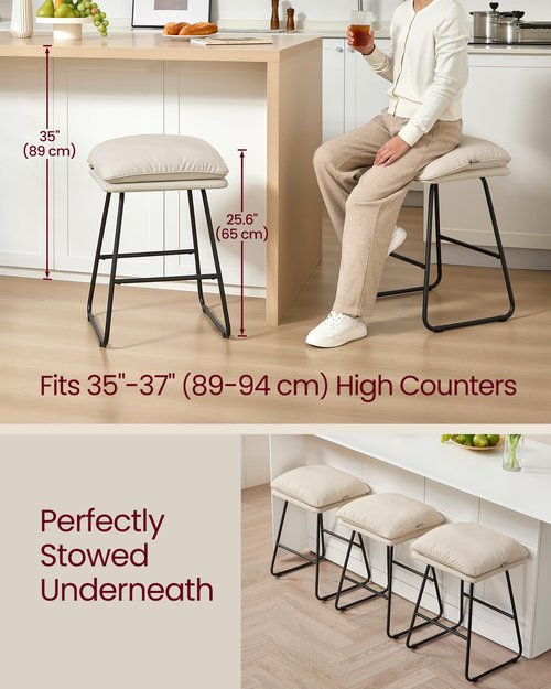 VASAGLE Bar Stools Set of 2, Counter Height Bar Stools, Leather Counter Stools Barstools with Soft Cushion and Metal Sled Legs, 25.6 Inches Bar Height Bar Chairs for Kitchen Island, Cappuccino Beige