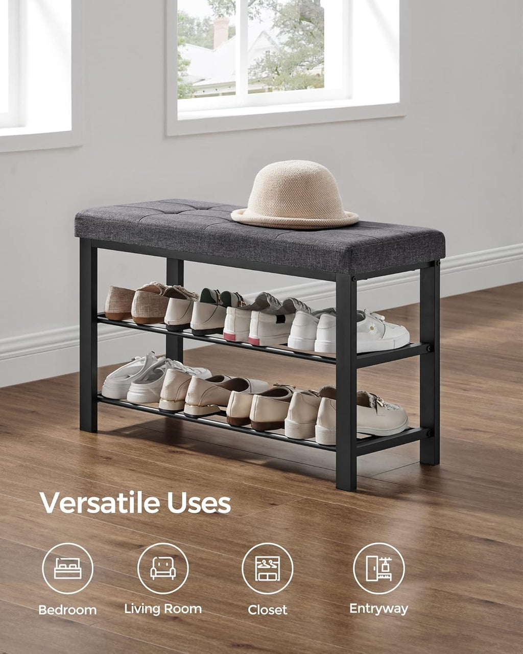 SONGMICS Shoe Bench - Modern Storage Solution with Cushion | Space-Saving Entryway Design in Dark Gray & Ink Black