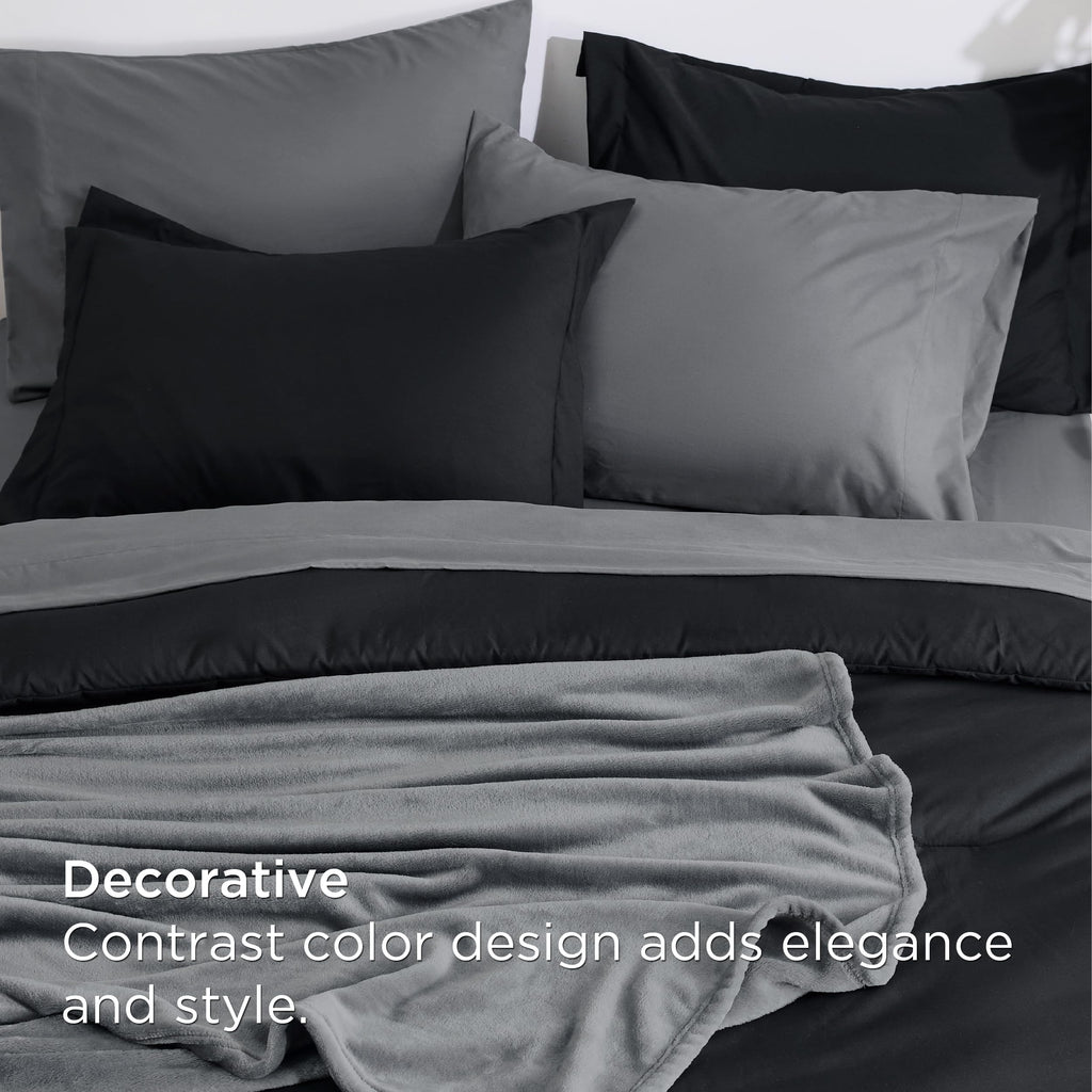 Bedsure Queen Comforter Set Black, 8 Pieces Prewashed Queen Size Bed in a Bag with Soft Fleece Bed Blanket, Down Alternative Bedding Set for All Seasons, Sheets, Pillowcases & Shams