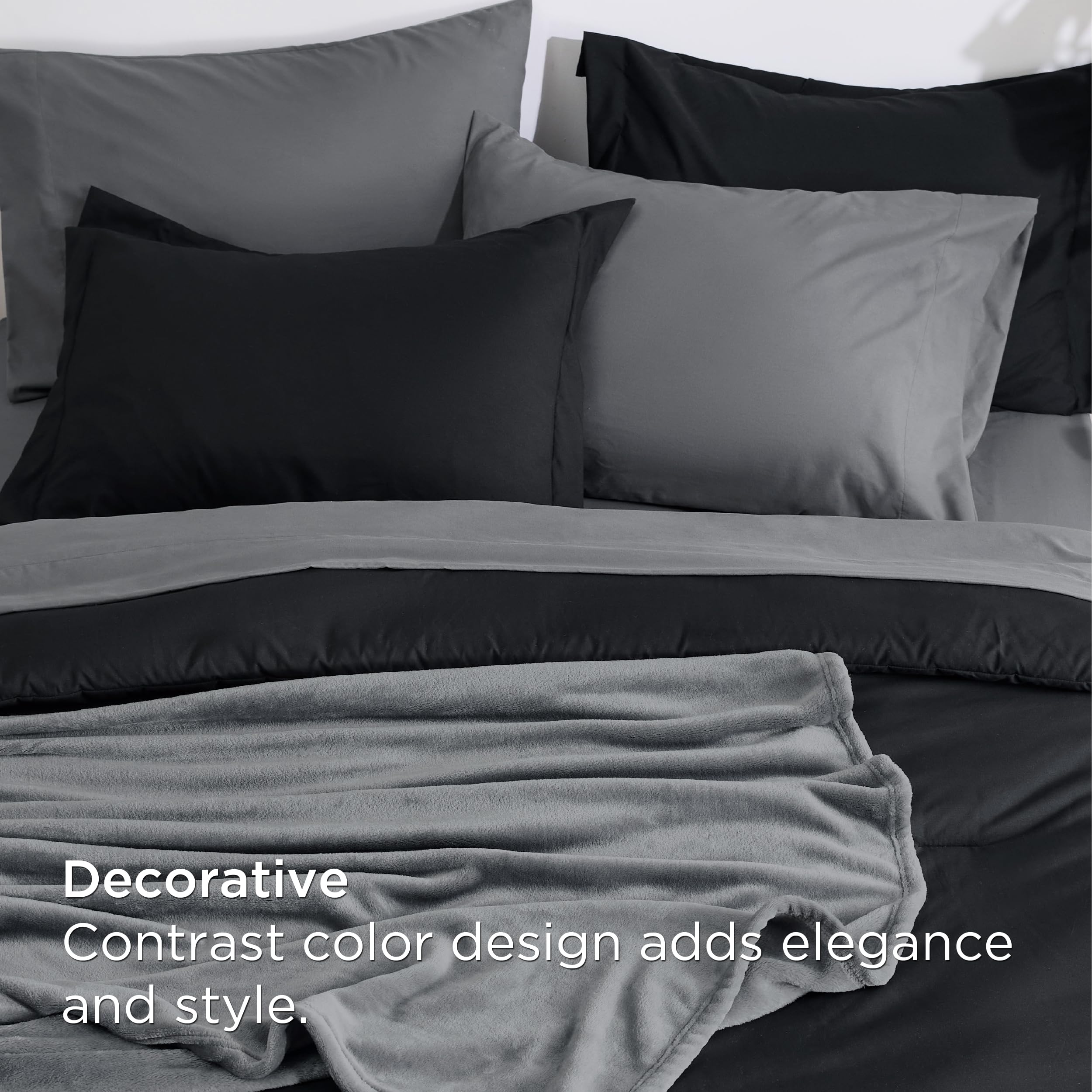 Bedsure Queen Comforter Set Black, 8 Pieces Prewashed Queen Size Bed in a Bag with Soft Fleece Bed Blanket, Down Alternative Bedding Set for All Seasons, Sheets, Pillowcases & Shams