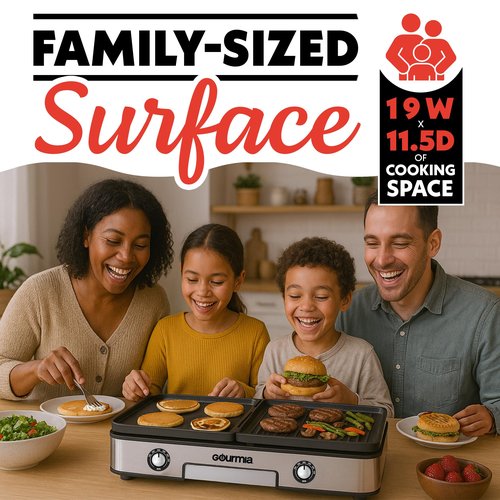 Gourmia 3-in-1 Indoor Grill & Griddle Electric Combo – Dual Independent Cooking Zones, Reversible Nonstick Ceramic Plates, XL Cooking Surface, 250–400°F Adjustable Temp, Dishwasher Safe