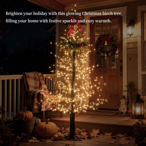 6FT Black Lighted Birch Tree with 1100 Warm LED Lights, Prelit Christmas Tree with Twinkle Lights, Indoor Outdoor LED Birch Tree with Timer & Brightness Control, Christmas Indoor Decoration