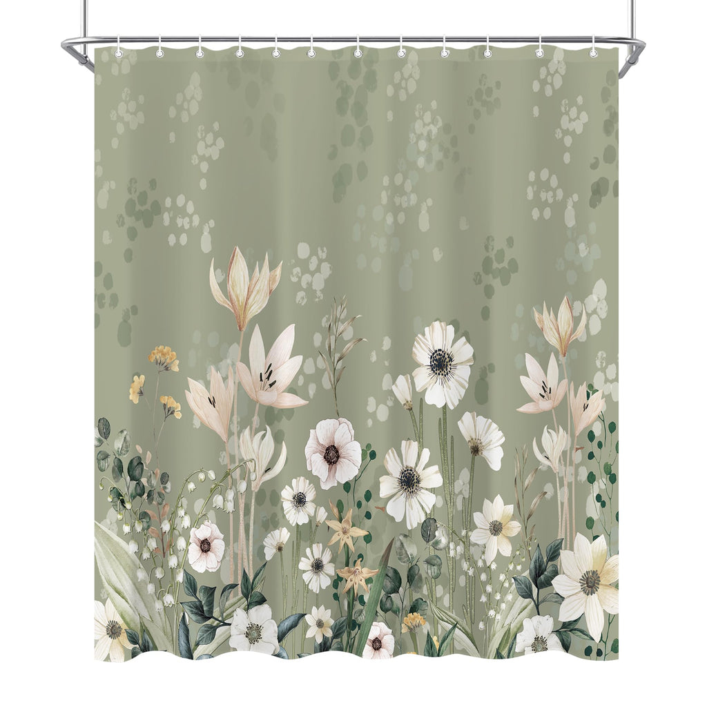 oolygoo Green Boho Floral Shower Curtain 60"X72" Flower Shower Curtain Set for Bathroom Plant Botanical Leaves Chic Pretty Waterproof Bathtub Curtain Decor Wildflower Bathroom Curtain with 12 Hooks