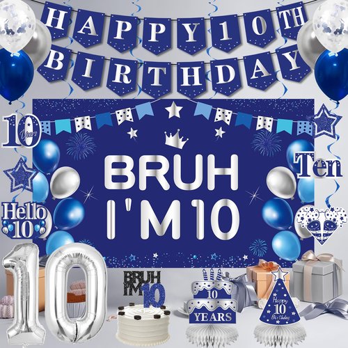 10th Birthday Decorations for Boys Girls Men, Blue Sliver Bruh I'm 10 Backdrop Happy 10th Birthday Banner Table Honeycomb Centerpieces Cake Topper Balloons Hanging Swirls Party Supplies