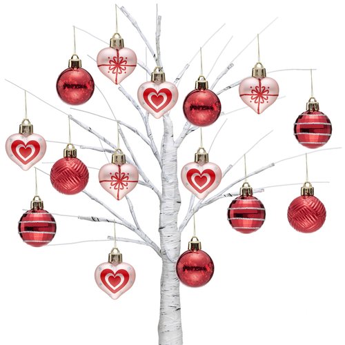 Valery Madelyn 16Pcs Valentines Heart Shaped Ornaments Gift Pack, Christmas Craft Painted Tree Decorations, Red Pink Silver Christmas Baubles Hanging Party Wedding Anniversary Decor 1.57 Inches