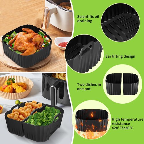 Air Fryer Silicone Liners Square for Chefman 8QT Air Fryer, 3 Pack Reusable Silicone Pot Baking Accessories for Instant, Nuwave, Gourmia and other 8QT to 10QT Large AirFryer, 2 In 1 Liners