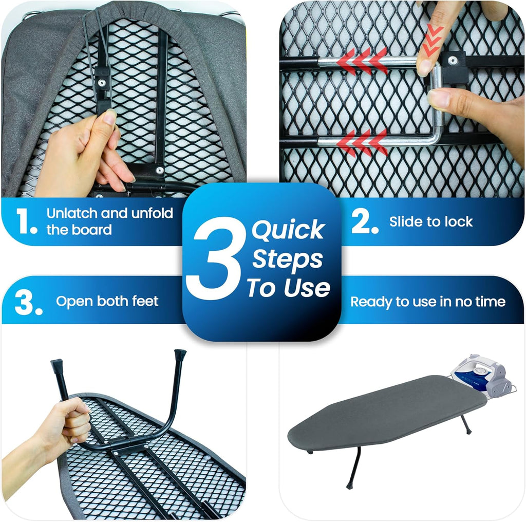 Regine Switzerland Metal Mesh Panel Ironing Board - Foldable Heavy-Duty Design with Heat-Resistant Cover & 100% Cotton Pad (Grey)