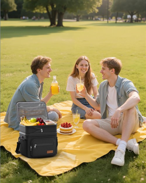 HOTOR Lunch Box for Men & Women - Double-Layer Insulated Lunch Bag with Leakproof Liner, Portable Cooler for Work, Travel, or Picnic, Black, 13.4" x 11.8" x 10.6"