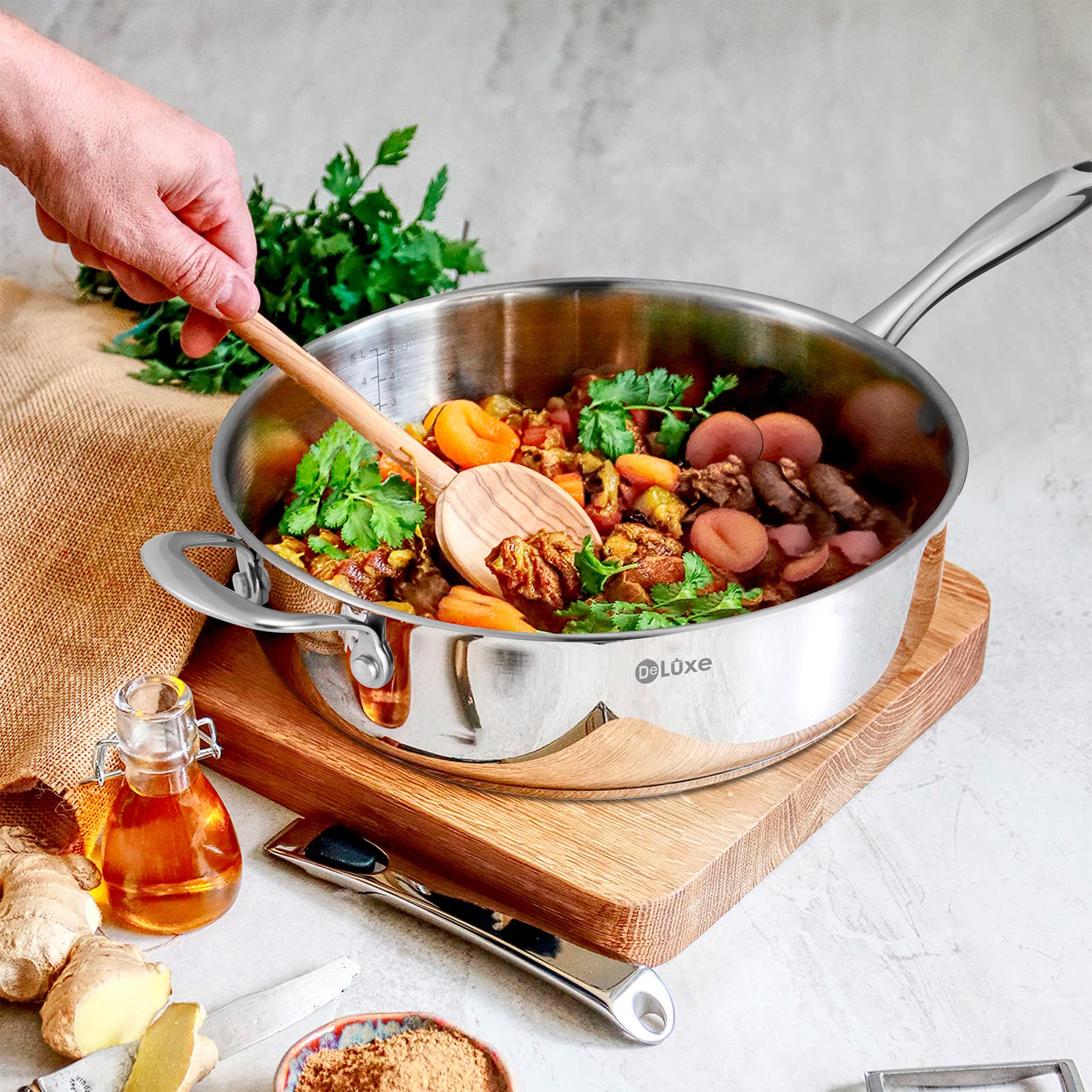 DELUXE 12 Inch Stainless Steel Skillet Frying Pan, Large Pan with Lid and Stay-Cool Handle, 5qt Deep Sauté Pans for Deep-Fry Braise Stew, Multipurpose Cooking Pot for Induction Gas Stove