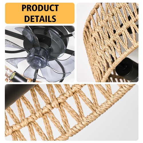 G-SAFAVA 20" Boho Ceiling Fans with Lights and Remote, 6 Wind Speeds 3 Timing Quiet Rattan Flush Mount Low Profile Ceiling Fan for Bedroom Living Room, Rustic Reversible Caged Ceiling Fan, Beige