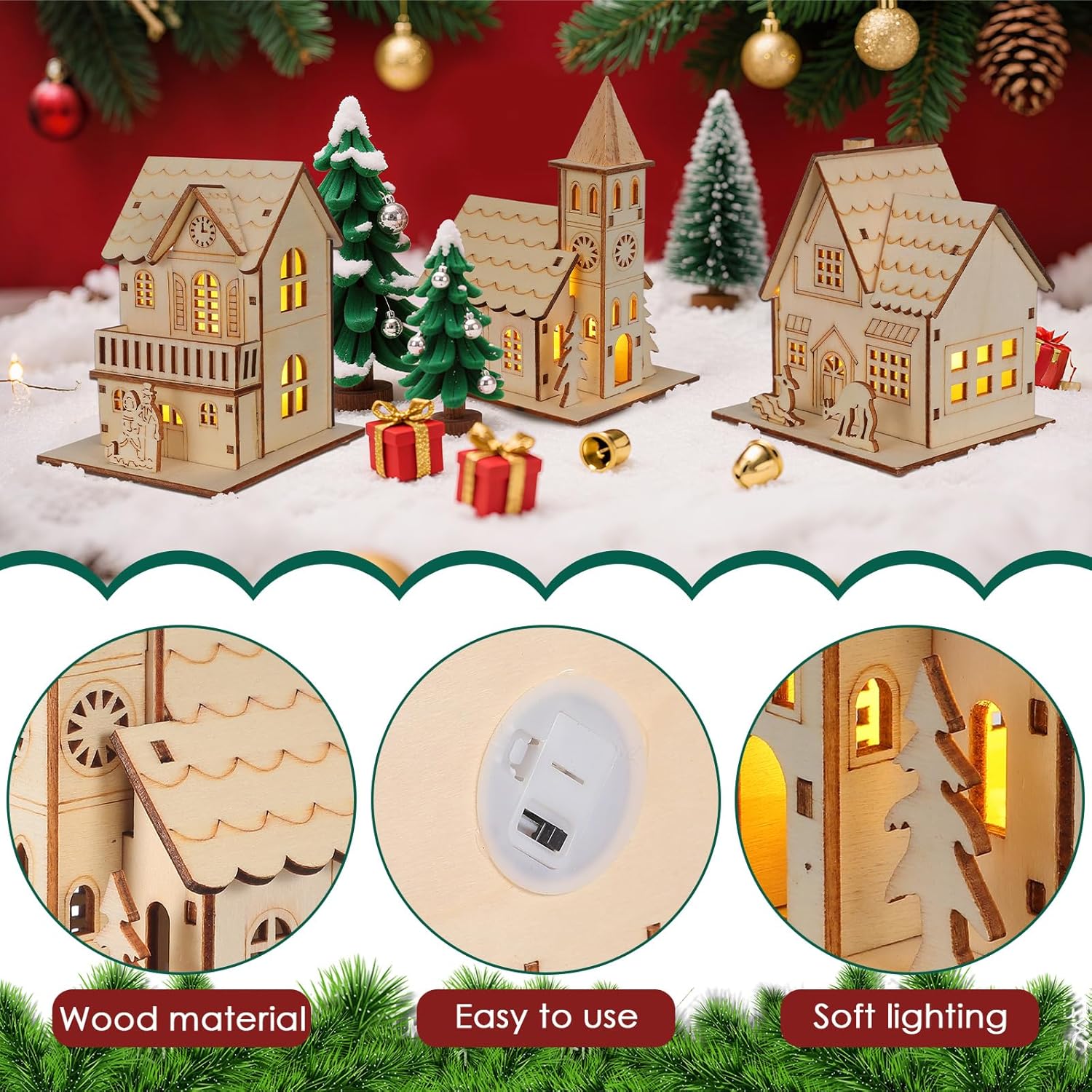 NUOBESTY Christmas Village Ornaments - 3pcs LED Luminous Wooden Houses | Festive Light Brown Decor