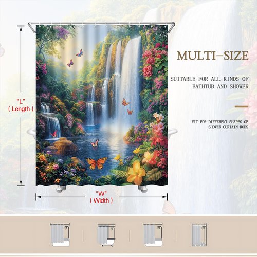 ZQANZQ Waterfall Shower Curtain Rustic Floral Butterfly Fantasy Forest Tropical Green Plant Lake Fairytale Spring Garden Nature Landscape Bathroom Decor Set with Hooks