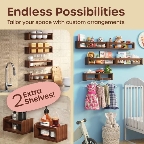 HOMEY PANDA Wall-Mounted Nursery Bookshelves - 4 Long + 2 Mini Shelves, Kids Room Storage (Walnut Pine Wood)