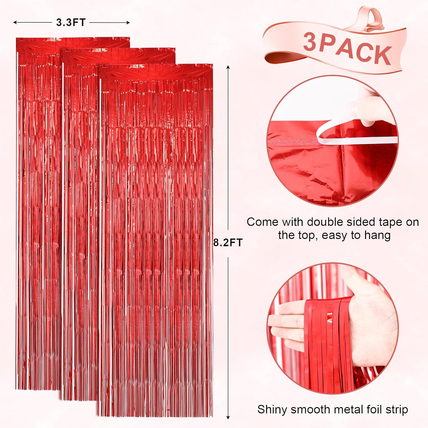 Voircoloria Laser Red Foil Fringe Backdrop Curtains - 3 Pack, 3.3 x 8.2 ft | Perfect for Parties & Celebrations