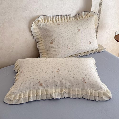 AMZTOP Rabbit Floral Duvet Cover Set 100% Muslin Cotton Gauze Bedding Set,1 Full Size Duvet Cover with 2 Pillowcases with Ruffles,All Season Lightweight Breathable Soft Quilt Covers Baby Kids 80"×90"