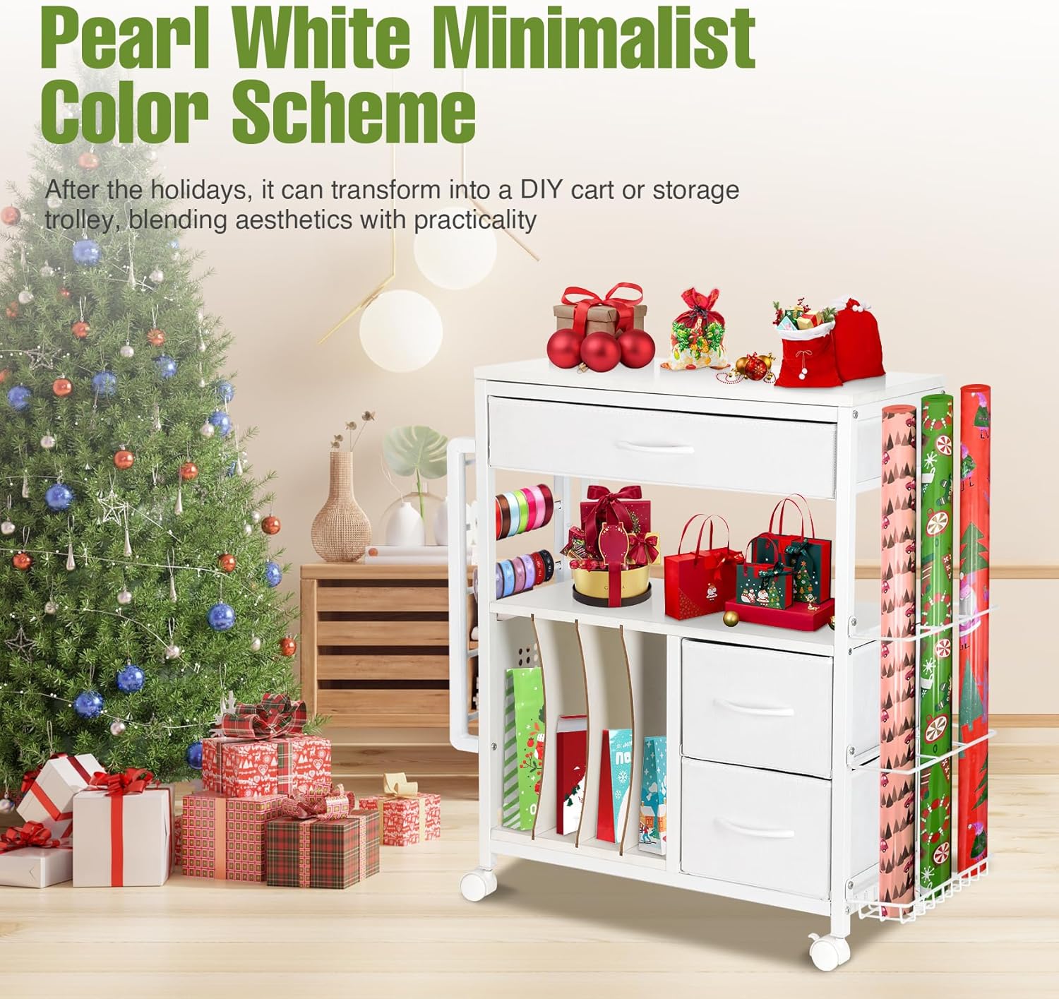 Vikua Gift Wrapping Cart - 3-Tier Portable Station with Ribbon & Bag Storage | Perfect for Christmas
