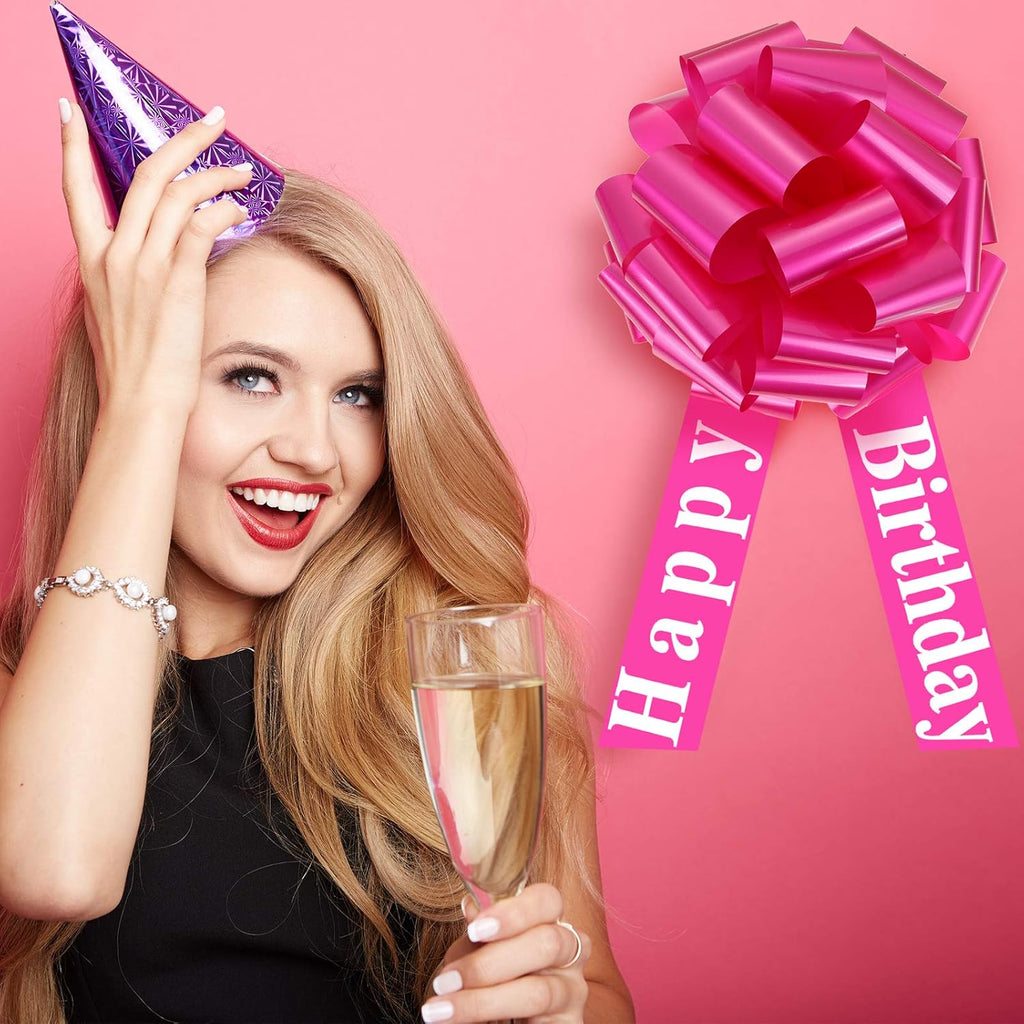 WILLBOND Large Happy Birthday Car Bow - Festive Gift Wrapping Decoration | 20 Inches, Rosy