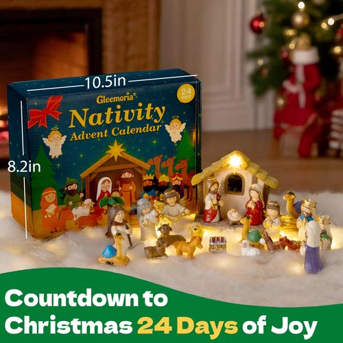 Nativity Advent Calendar 2025 Kids - 24 Days Light-Up Nativity Scene Set with Resin Figures，Toddler Advent Calendar 2025 Girls and Boys，Christmas Countdown Calendar Gifts for Children