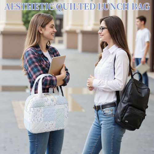WOBAGMEN Quilted Lunch Box for Women,Coquette Aesthetic Lunch Box for Teen Girls,Cute Floral Lunch Bags for Work, School,Office,Picnic,Travel (green blue pin)
