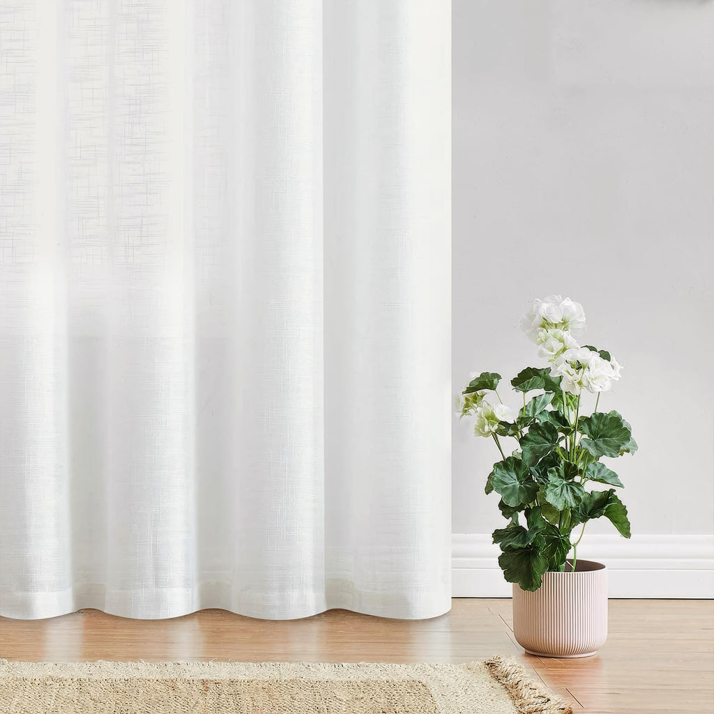 FMFUNCTEX Linen Sheer White Curtains Sliding Door Curtain 108inches Long Patio Glass Door Curtain Panel 100" Width Rich Cross Weave Textured Semi-Sheer Living Room Divider Bedroom Window Draperies 1pc