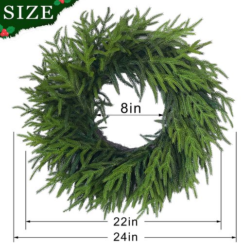24" Real Touch Norfolk Pine Wreath for Front Door, Artificial Christmas Wreaths Faux Pine Needles Green Fake Wreath for Walls Windows Porches Farmhouse Indoor Outdoor Home Decor