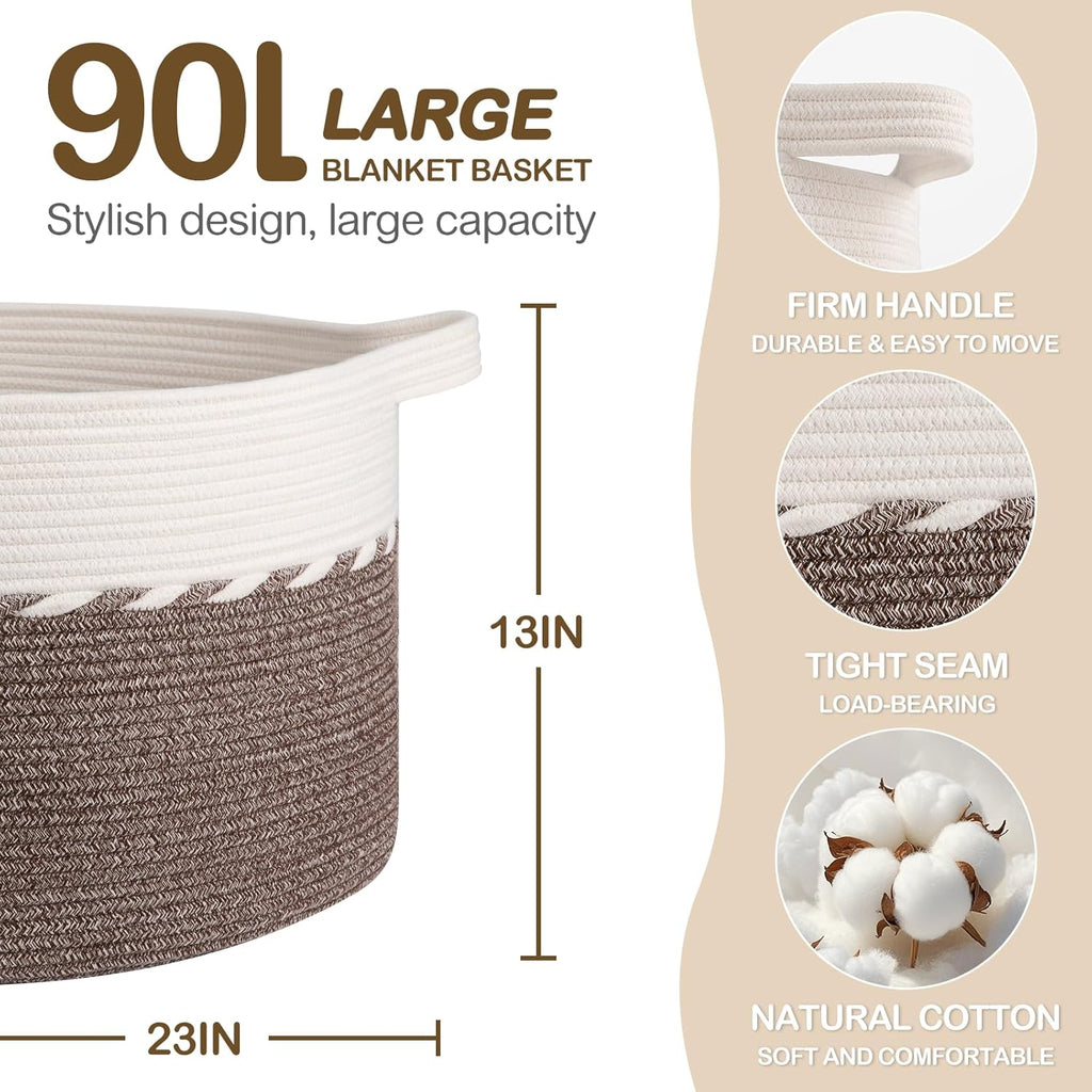 OIAHOMY 90L Blanket Basket - Large 23" x 23" x 13" Storage Solution with Handles for Laundry, Toys & More - Brown & White