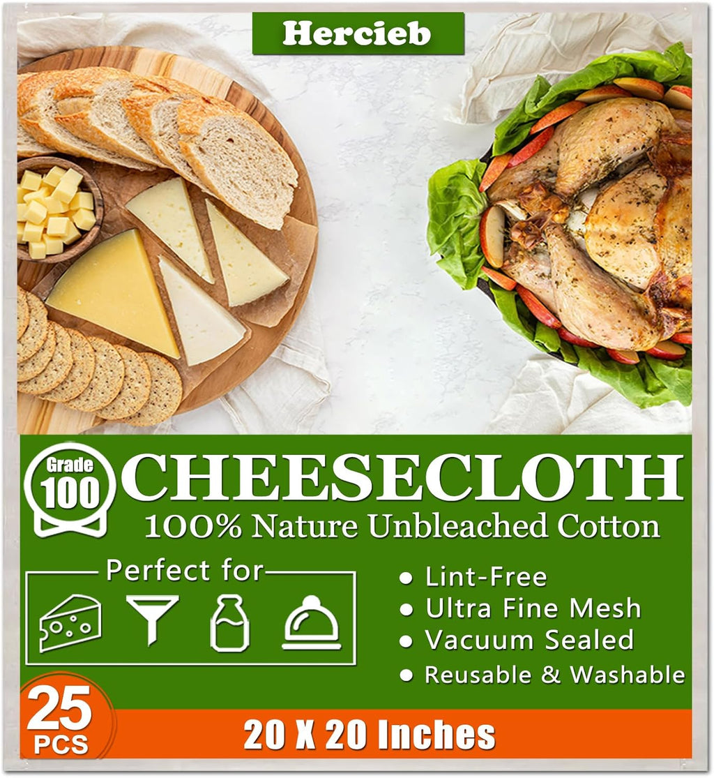 Skiennix Cheese Cloths - 25 Pcs 20x20 Inch Unbleached Cotton for Straining & Juicing