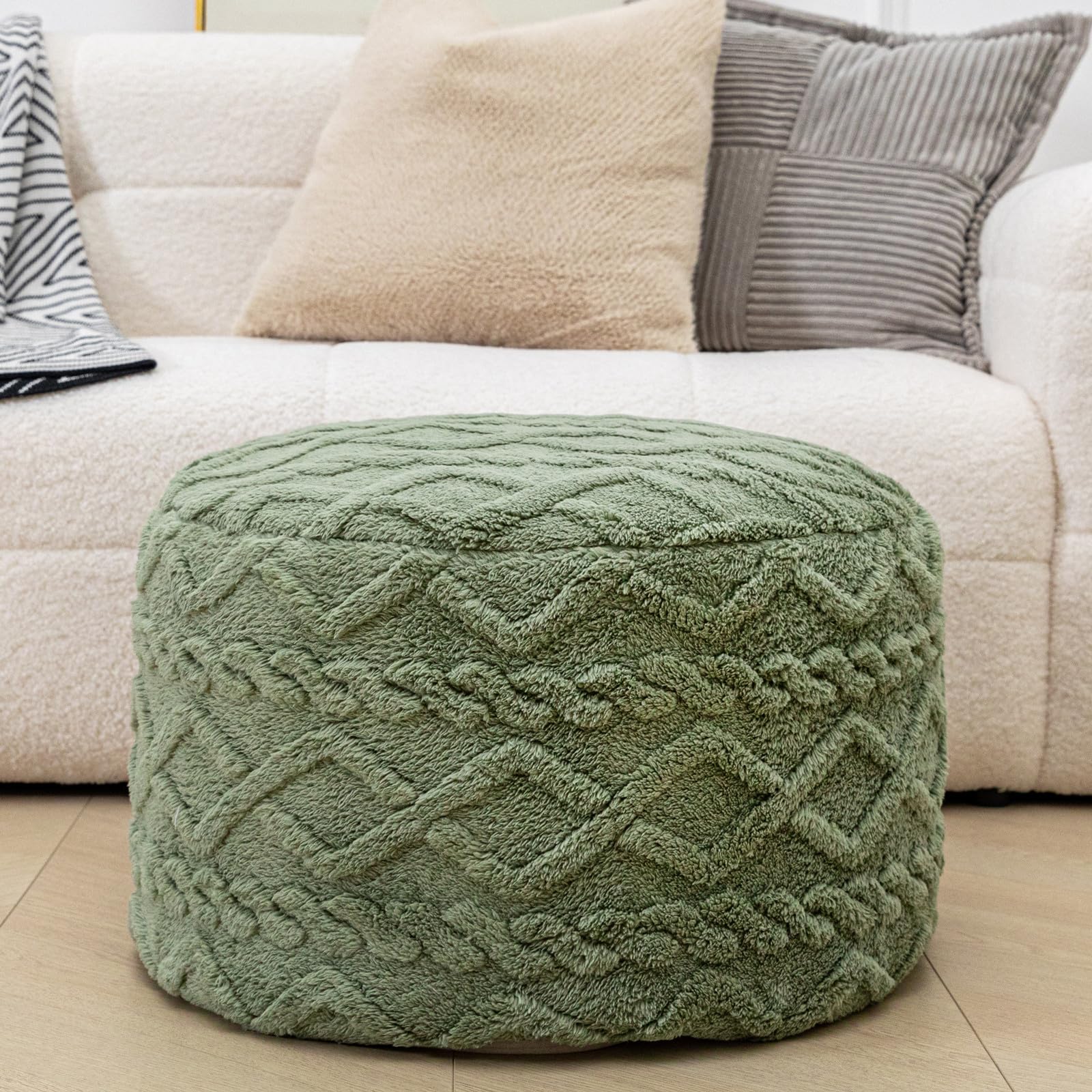 Poofieotto Round Pouf Ottoman Stuffed 20x12 Inches Floor Pouf Chair for Living Room Bedroom Modern Foam Pouf Ottoman Foot Rest for Couch Home Decor Pouffe Sage Green