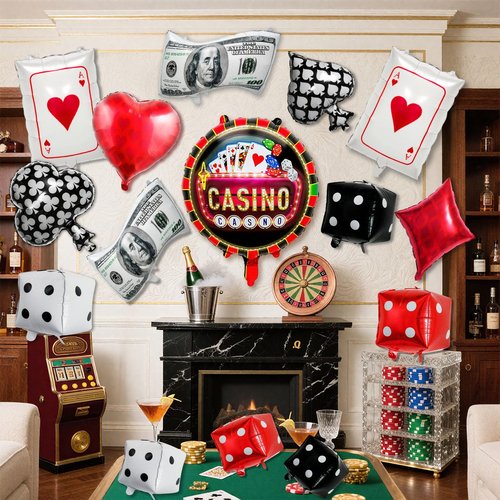 16 Pcs Casino Balloon Set, Jumbo Dice Balloon, Poker Card Balloons Heart, Diamond, Spade, Club, Dollar Sign Ballons, Game Night Ballons for Texas Poker Parties Decor, Las Vegas Themed Party Supplies