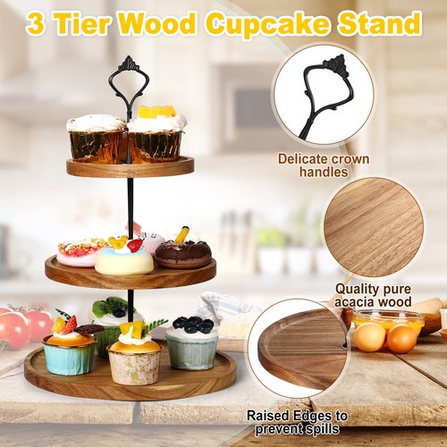 Zopeal 3 Set 3 Tier Wood Cupcake Stand,Rustic Wooden Serving Tray Farmhouse Dessert Display Tiered Cake Tower Holder for Kitchen Wedding Birthday Tea Party Decorations(Medium(5.9''7.8''9.8''))