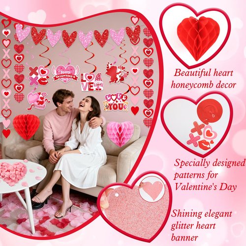 Valentines Day Decorations for Party Set Happy Valentines Day Banner Heart Valentine Garland Banner Red Pink Heart Honeycombs 1000Pcs Plastic Petals Hanging Swirls Valentines Day Balloons
